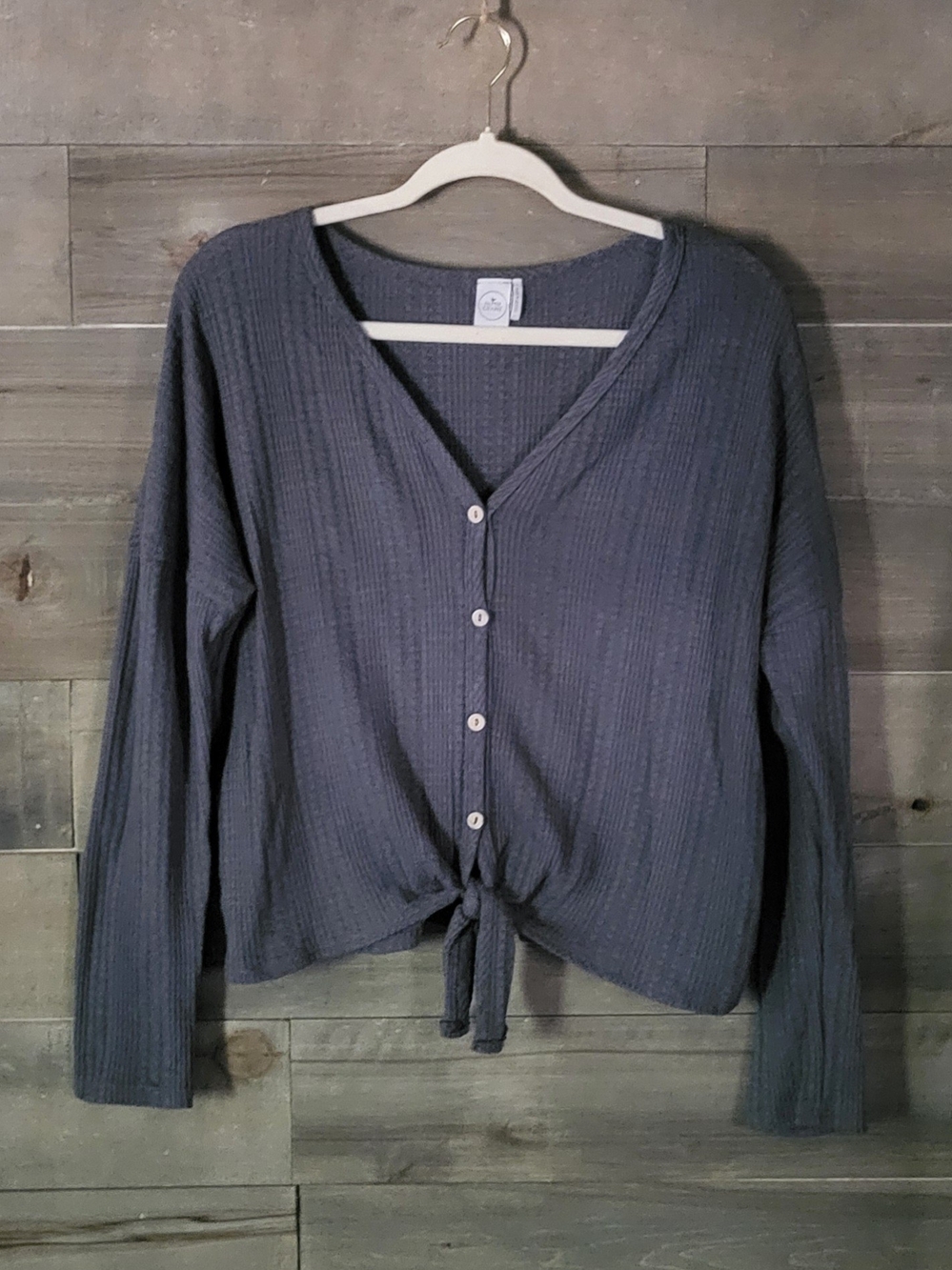 Paper Crane Women's Waffle Knit Tie Front Cardigan Top Slate Blue L Fall Layer